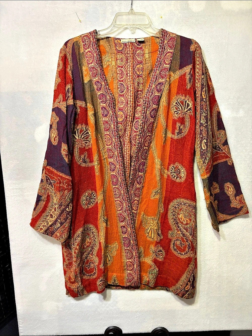 Vintage Putumayo Paisley Wool open front Tunic Jacket  Orange Purple Size Medium